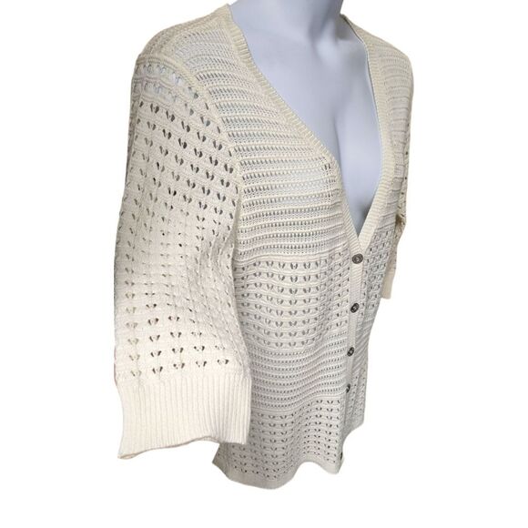 DKNY JEANS Women's V- Neck Open Knit Cream Colored Cardigan Sweater Size XL - Picture 6 of 15